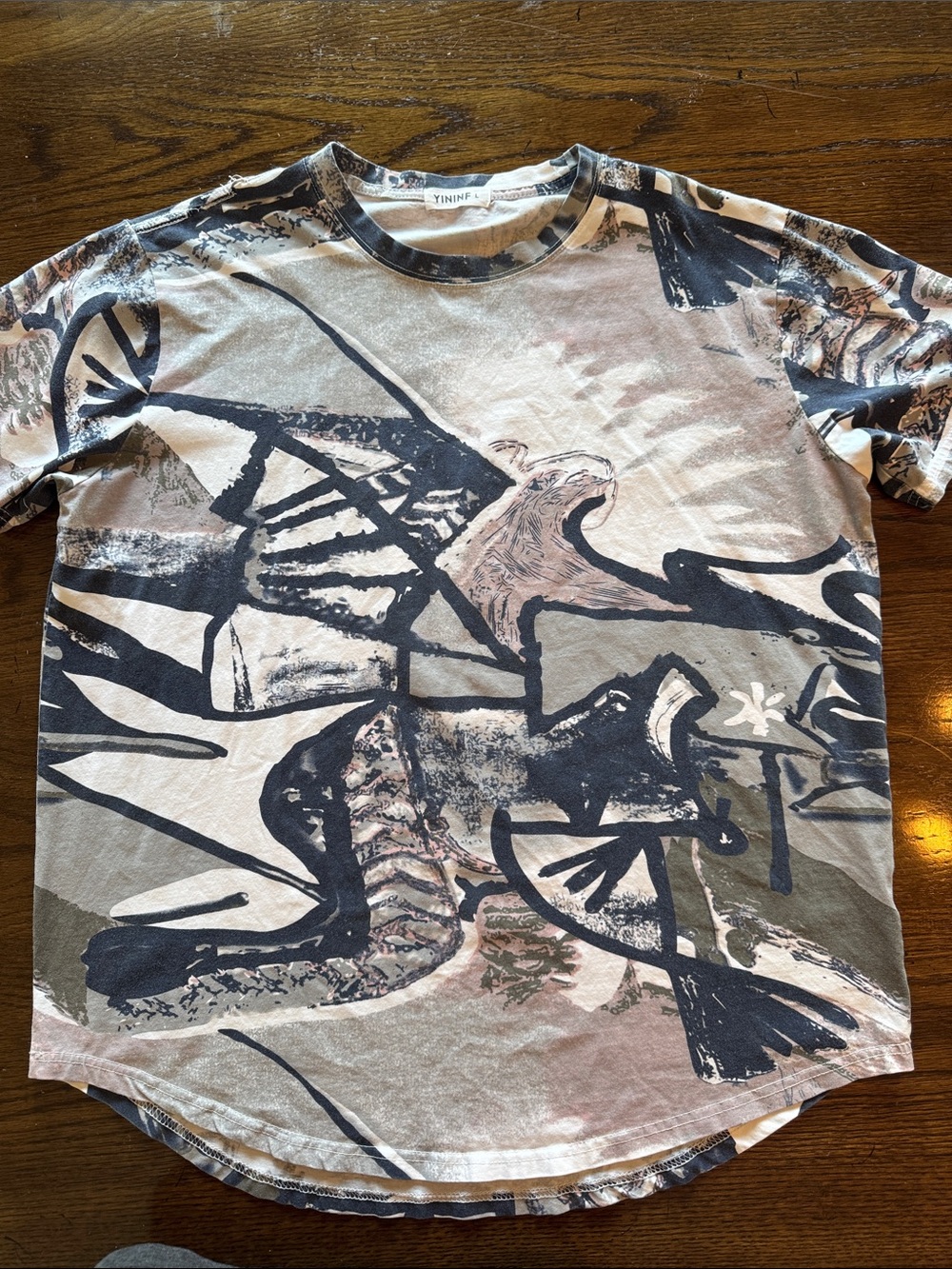 Men's Short Sleeve Crew Tee in Taupe & Navy Abstract Print